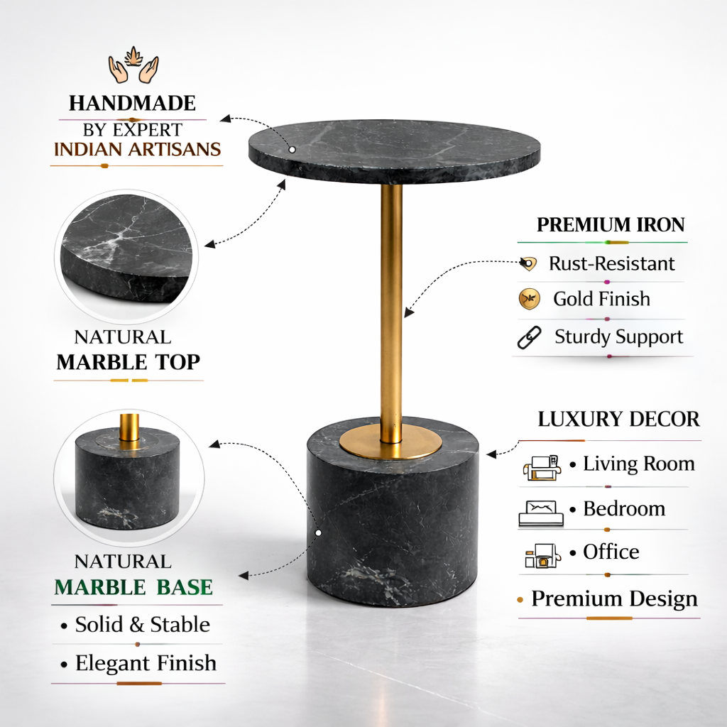 Handcrafted Side Table – Natural Marble Top