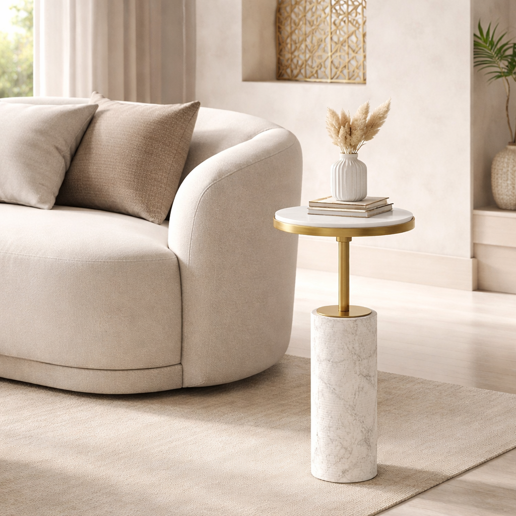 طاولة جانبية مصنوعة يدويًا – سطح رخامي طبيعي