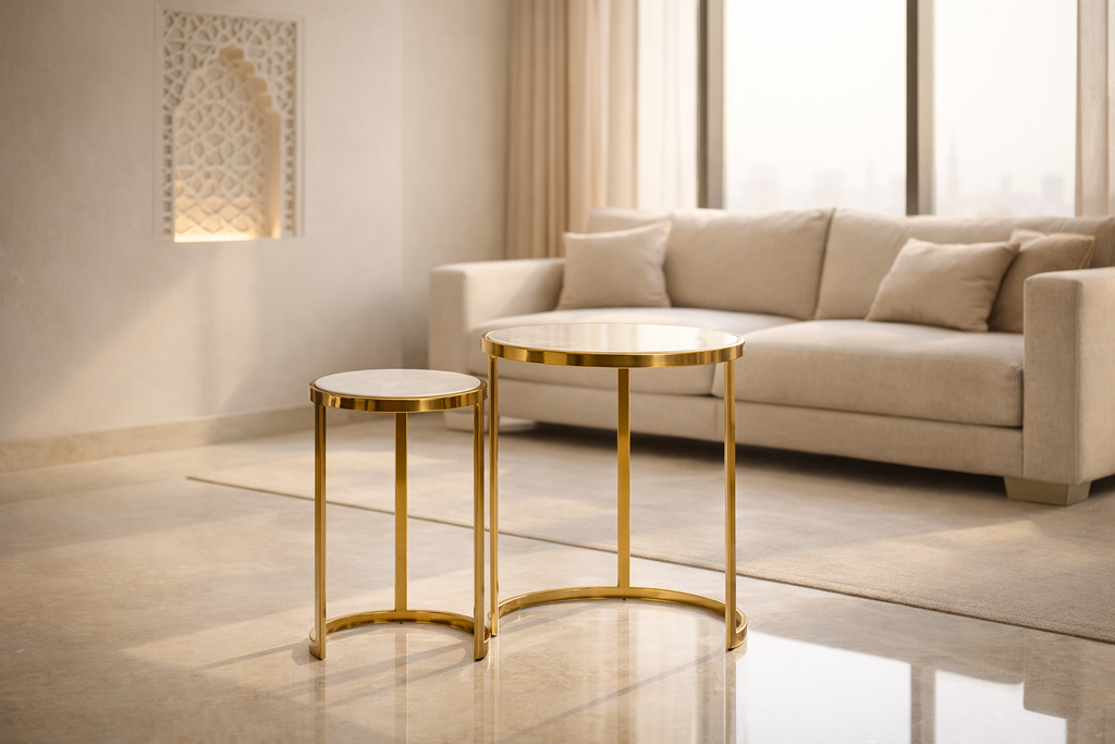 Handcrafted Side Table – Natural Marble Top -SET of 2
