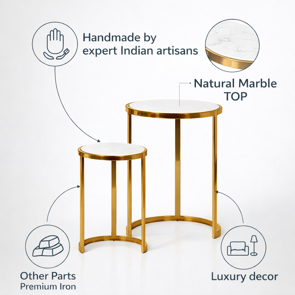 Handcrafted Side Table – Natural Marble Top -SET of 2