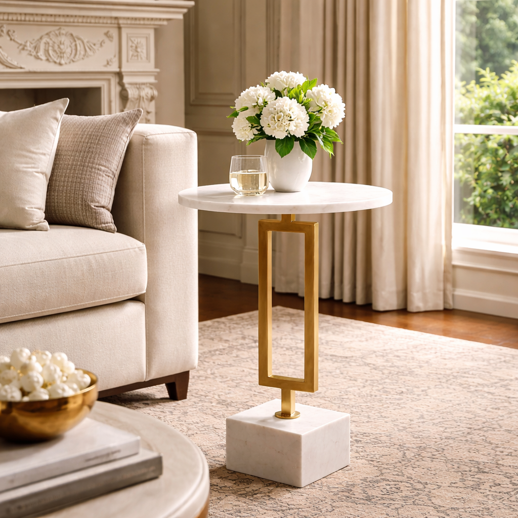 Handcrafted Side Table – Natural Marble Top