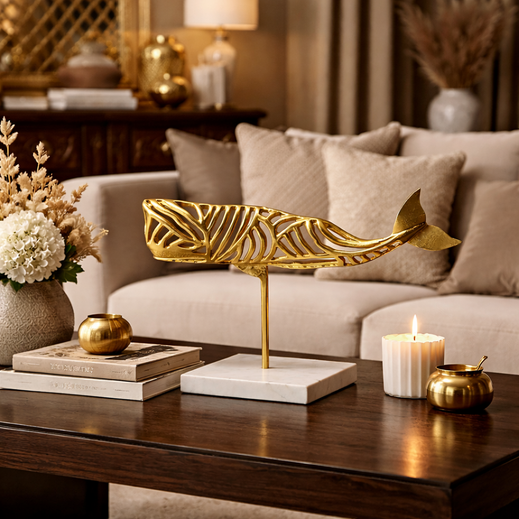 تمثال سمكة مصنوع يدويًا على قاعدة رخامية طبيعية