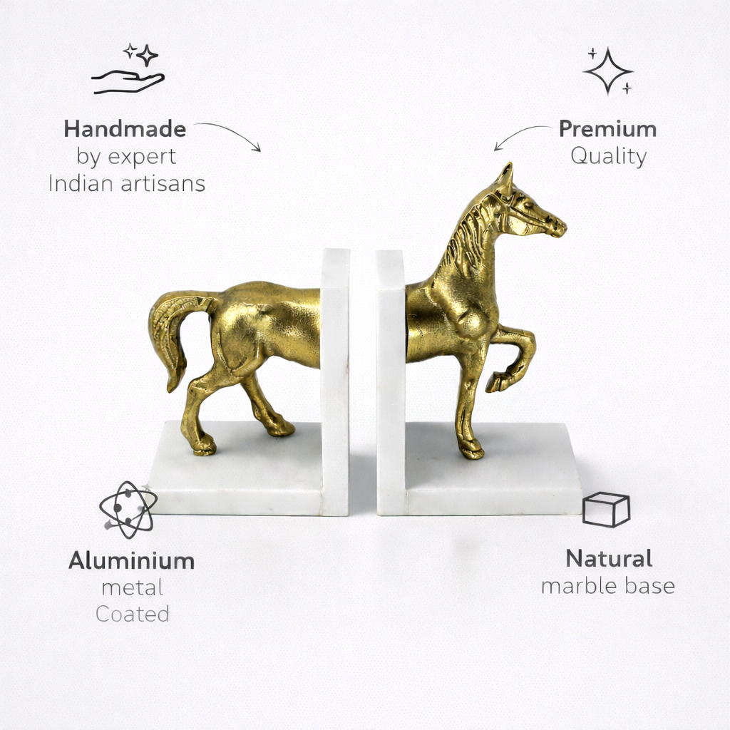 حاجز كتب مزخرف مصنوع يدويًا بقاعدة رخامية طبيعية – حصان