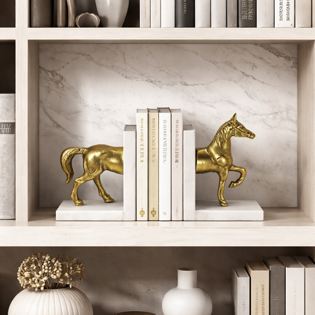 حاجز كتب مزخرف مصنوع يدويًا بقاعدة رخامية طبيعية – حصان