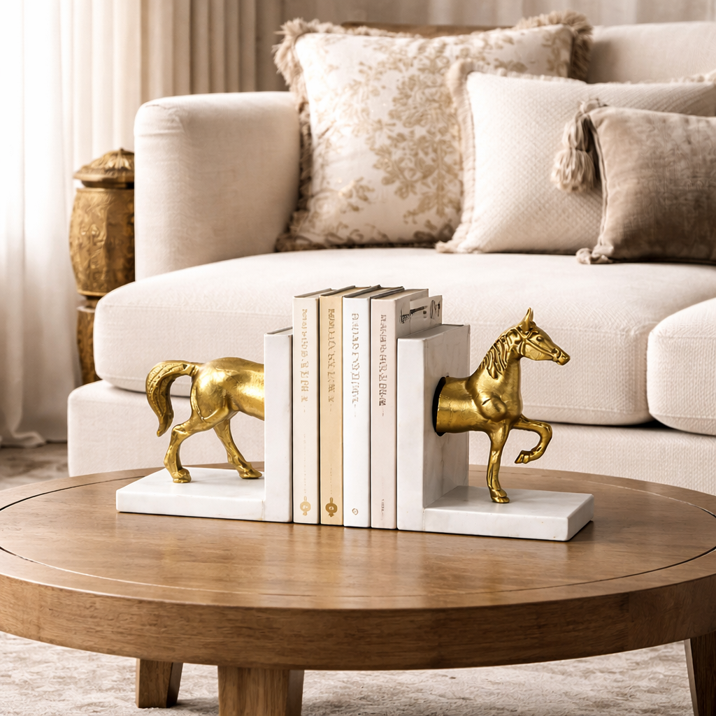 حاجز كتب مزخرف مصنوع يدويًا بقاعدة رخامية طبيعية – حصان