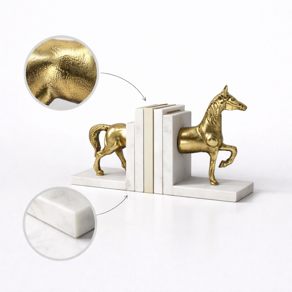 حاجز كتب مزخرف مصنوع يدويًا بقاعدة رخامية طبيعية – حصان