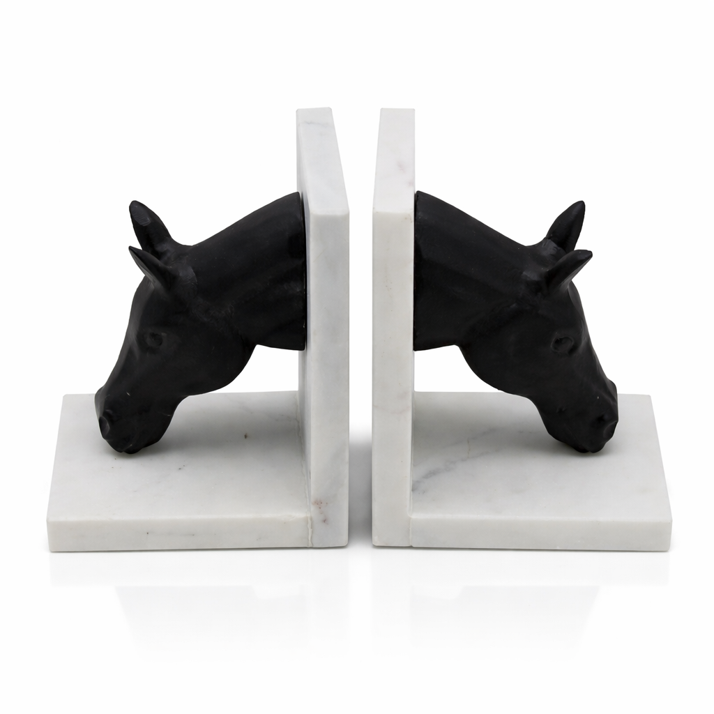 حامل كتب مصنوع يدوياً من الرخام الطبيعي والمعدن – رأس حصان