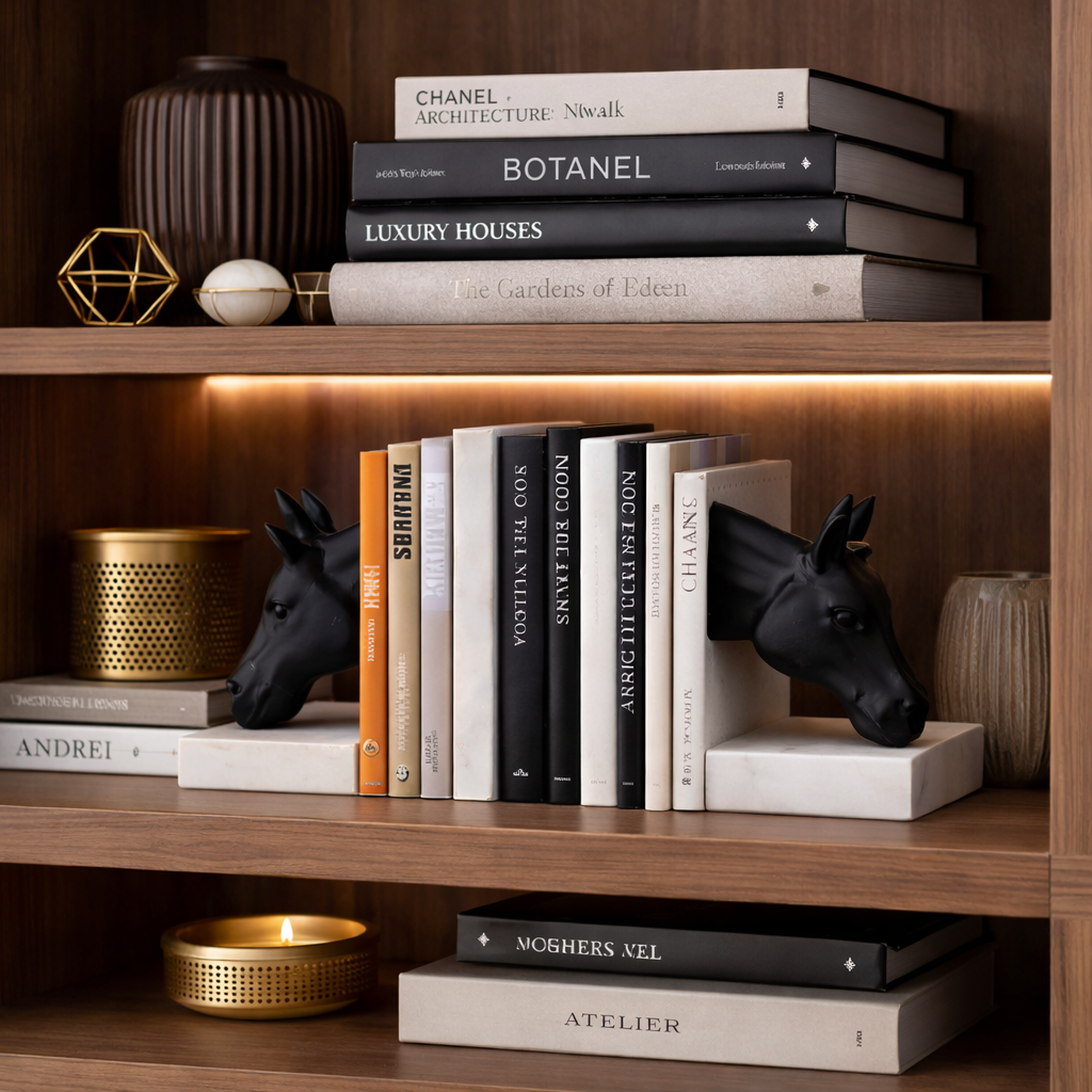 حامل كتب مصنوع يدوياً من الرخام الطبيعي والمعدن – رأس حصان