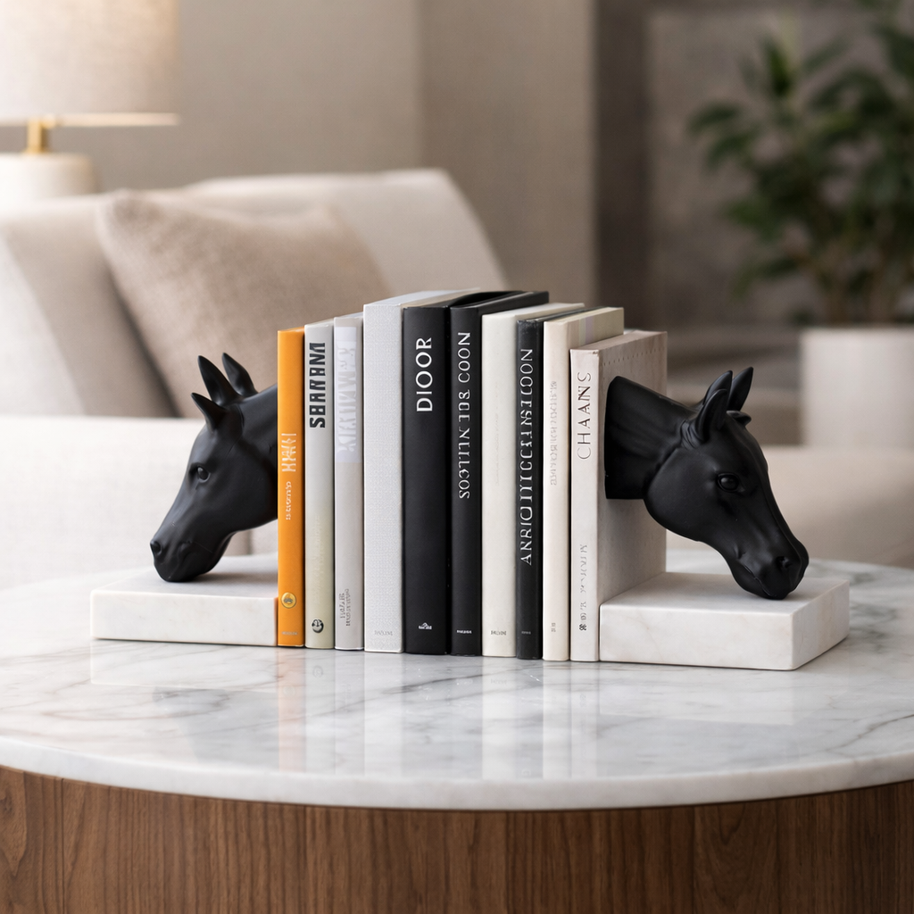 حامل كتب مصنوع يدوياً من الرخام الطبيعي والمعدن – رأس حصان