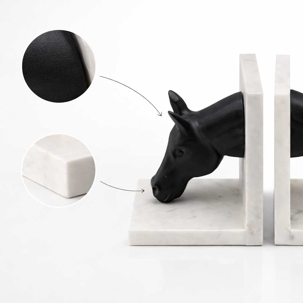 حامل كتب مصنوع يدوياً من الرخام الطبيعي والمعدن – رأس حصان